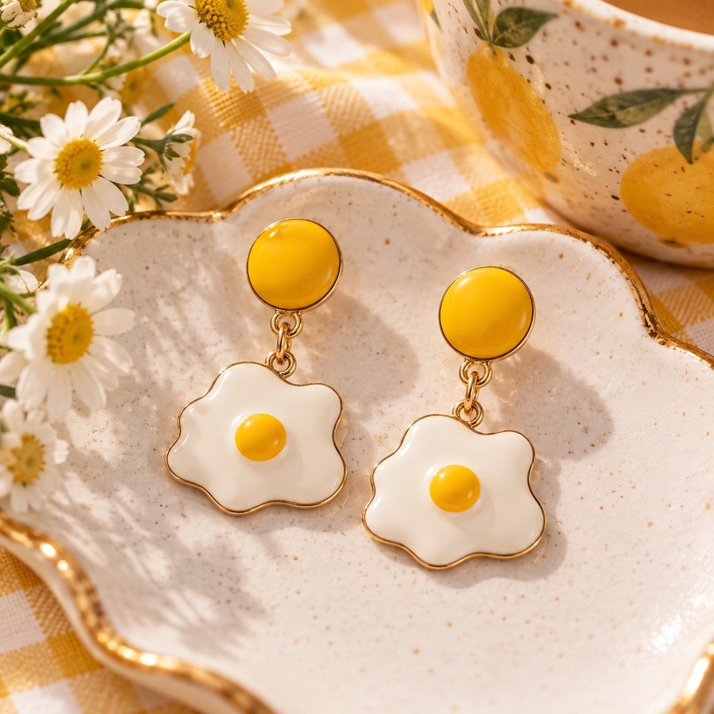 Yellow Fried Egg Dangle Earrings Gold Tone Enamel Foodie Kitsch Jewelry